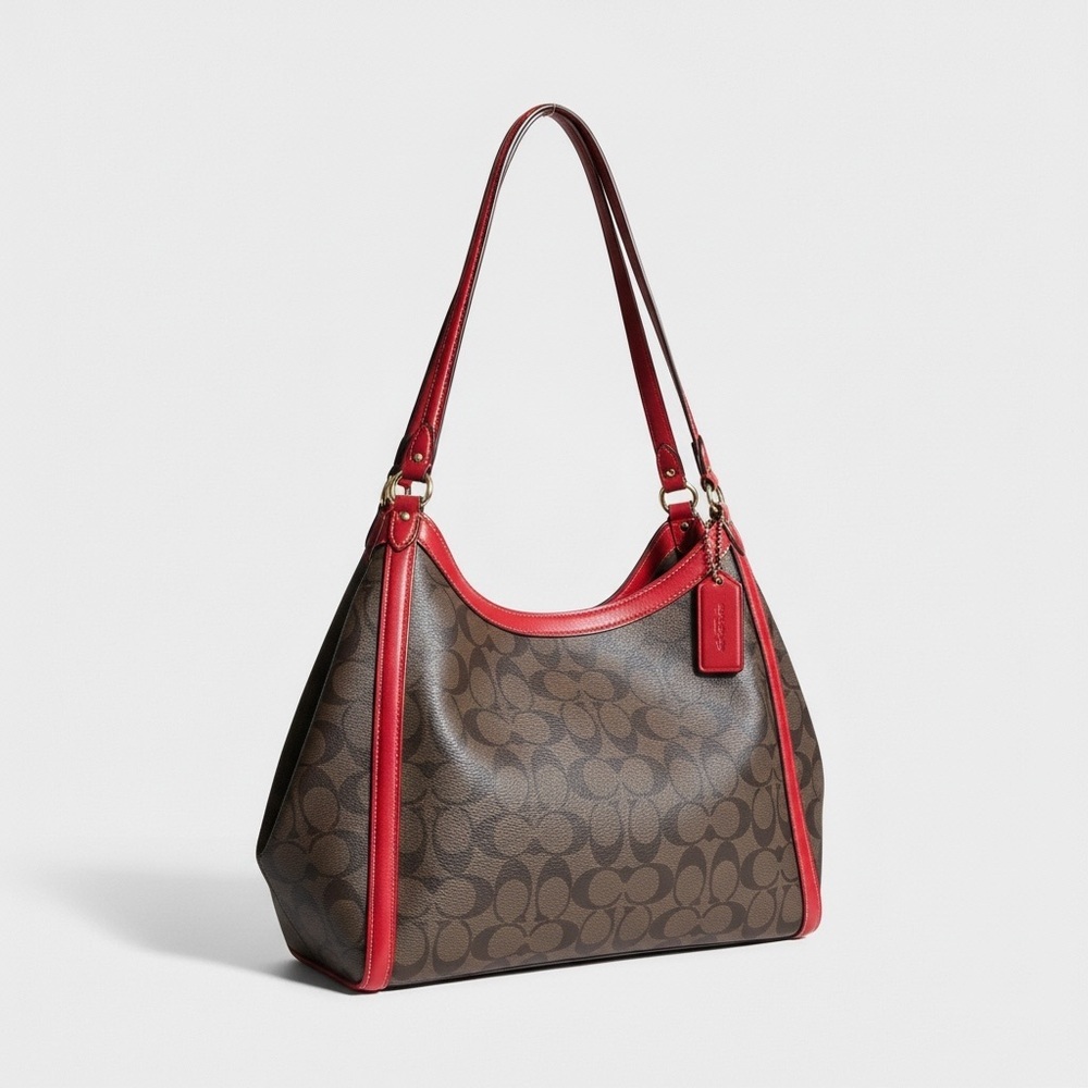 ✨ Coach Signature Zip Shoulder Bag Red Trim Brown Black Canvas NWOT✨ - Picture 12 of 13